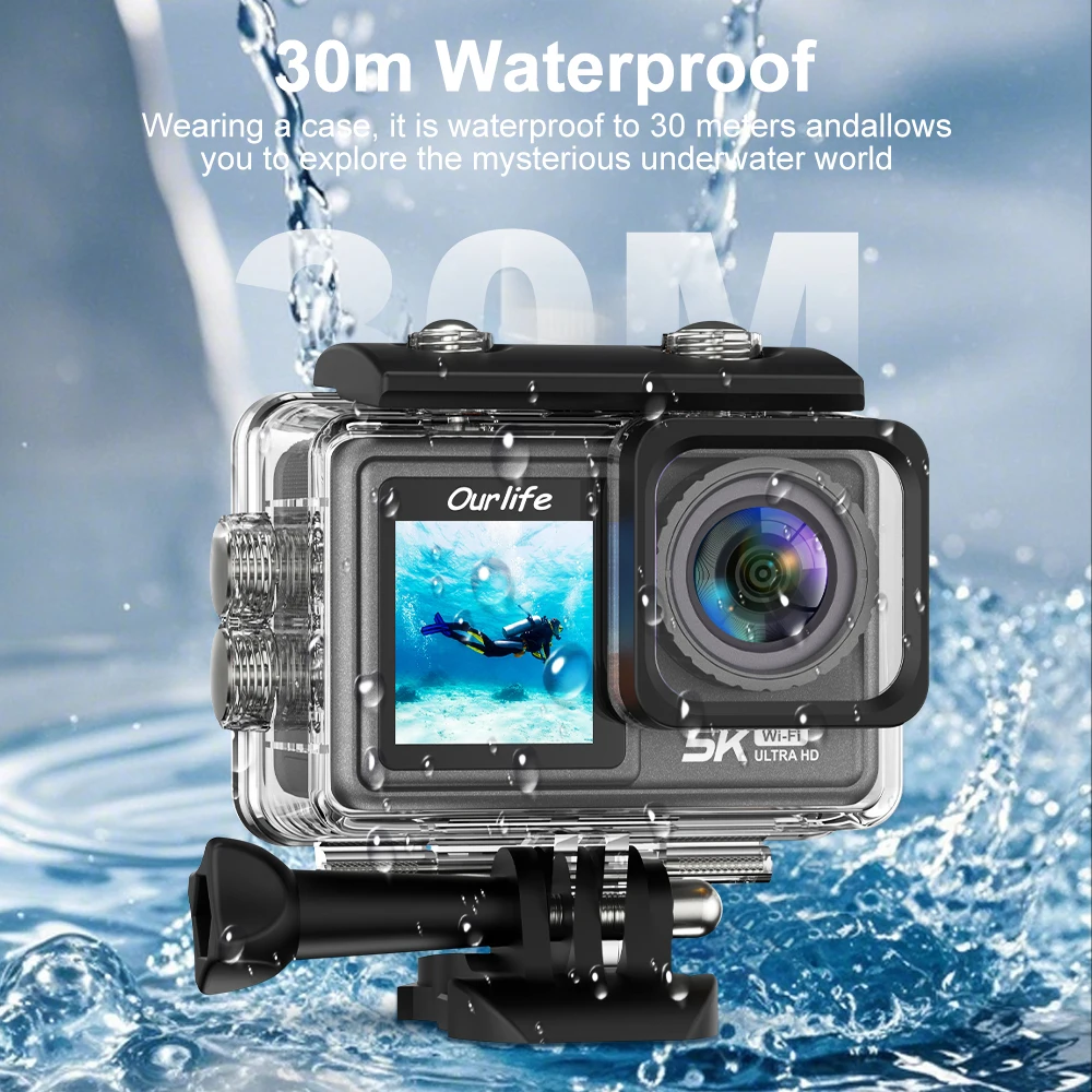 Kamera Aksi Ourlife 5K30FPS EIS 2.0 Inci IPS Layar Ganda 30M Tahan Air WiFi 5X Zoom Helm Kamera Olahraga dengan Remote Control