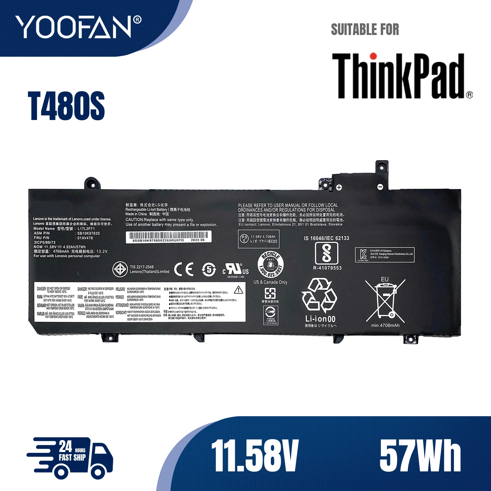 YOOFAN batería original para Lenovo ThinkPad T480S, 01AV480, SB10K97622, L17M3P71, L17L3P71, 01AV478, 01AV479, SB10K97621