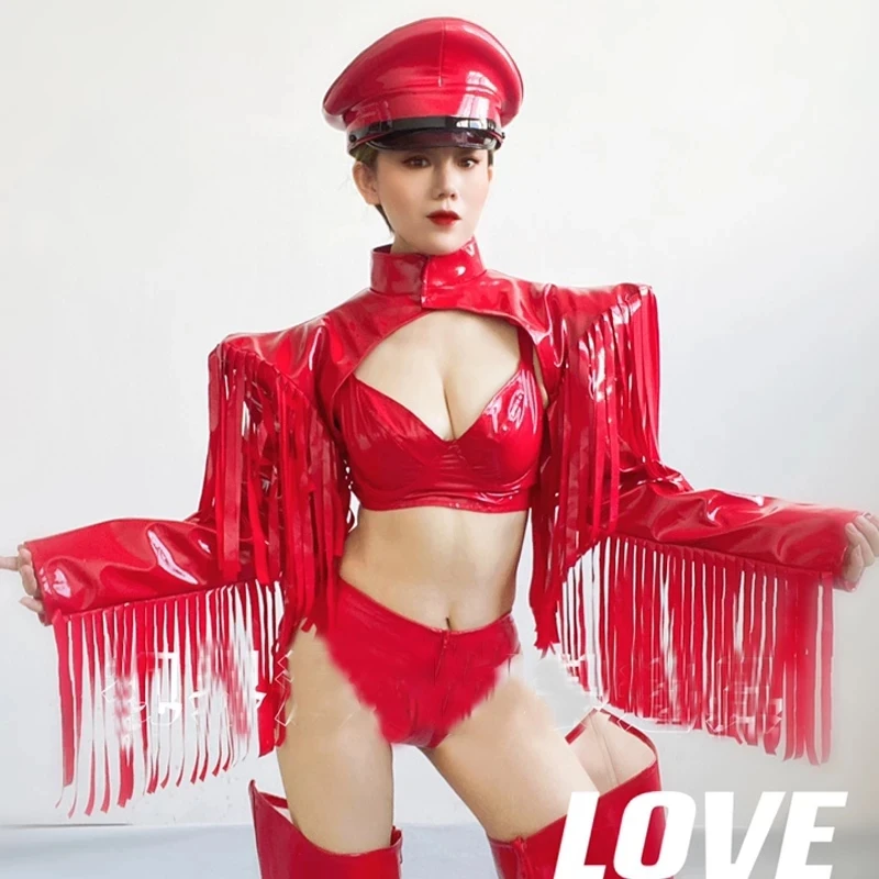 

Nightclub singer stage show Red Leather Fringe Waistcoat Hat Gogo Dance Costume Pole Dance Festival Outfit