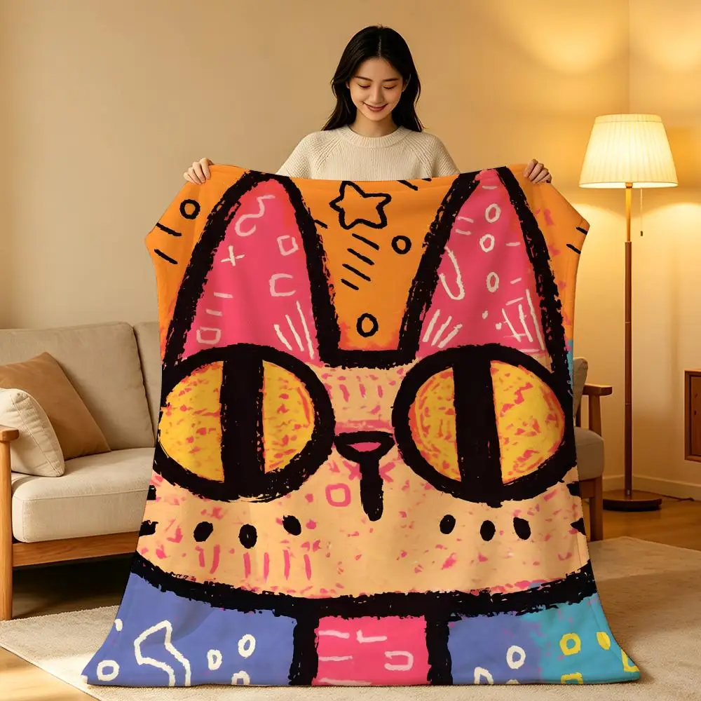 Art Graffiti Style Cat Throw Hot High-Density Short Plush Blanket Soft Skin-Friendly for Sofa Nap Air-Conditioned Room