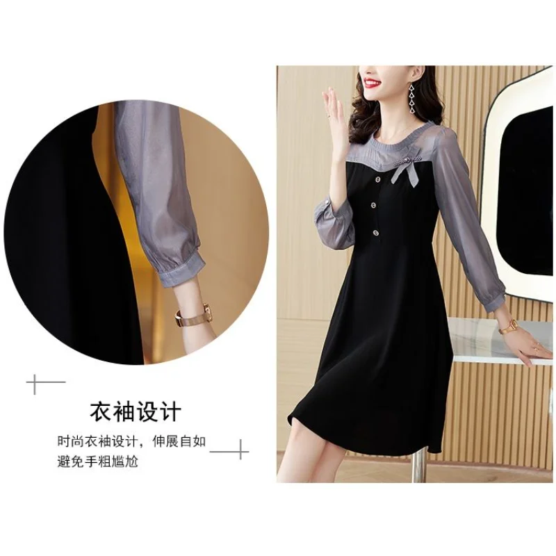 Vestido de chiffon de manga comprida para mulheres novas roupas de outono, cintura abraçando, estilo de comprimento médio