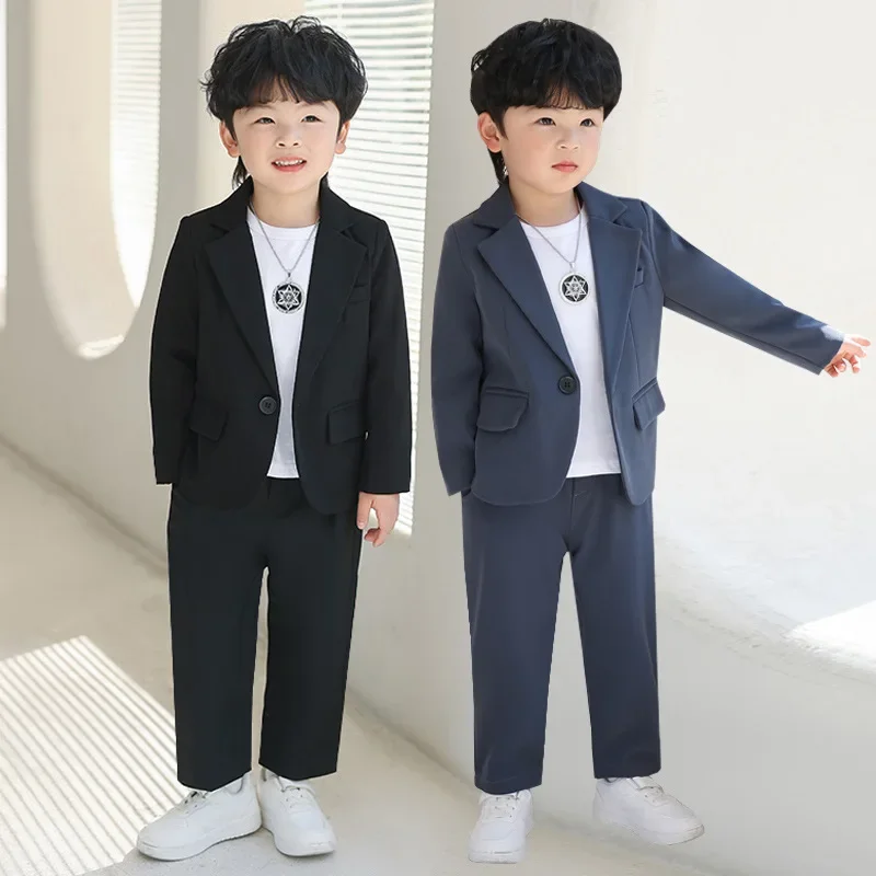 

Kids Boys Suit Blazer + Pants Two Piece Black Gray Spring Autumn Korean Children Casual Formal Soft Clothing Sets 3-14 Years