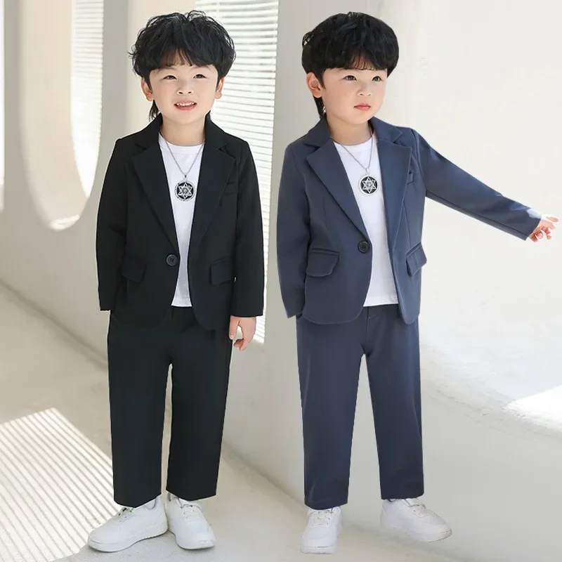 Kinderen Jongens Pak Blazer + Broek Tweedelig Zwart Grijs Lente Herfst Koreaanse Kinderen Casual Formele Zachte Kleding Sets 3-14 Jaar