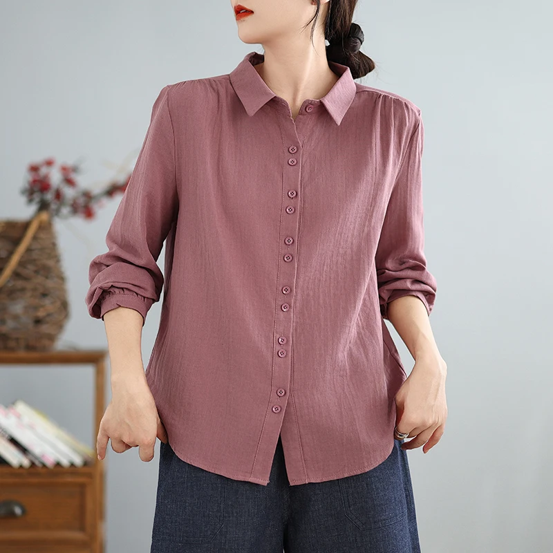 Autunno New Sle Donna Loose Fit Lungo Sve Cotton irt Top dimagrante in filato di cotone artistico vintage a doppio strato