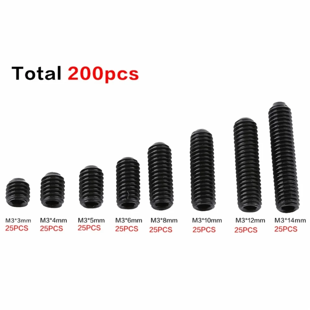 200pcs Practical M3 Metric Grub Set Screw Carbon Steel Black Finish Hex Screw Metric Set Screw Home Hardware