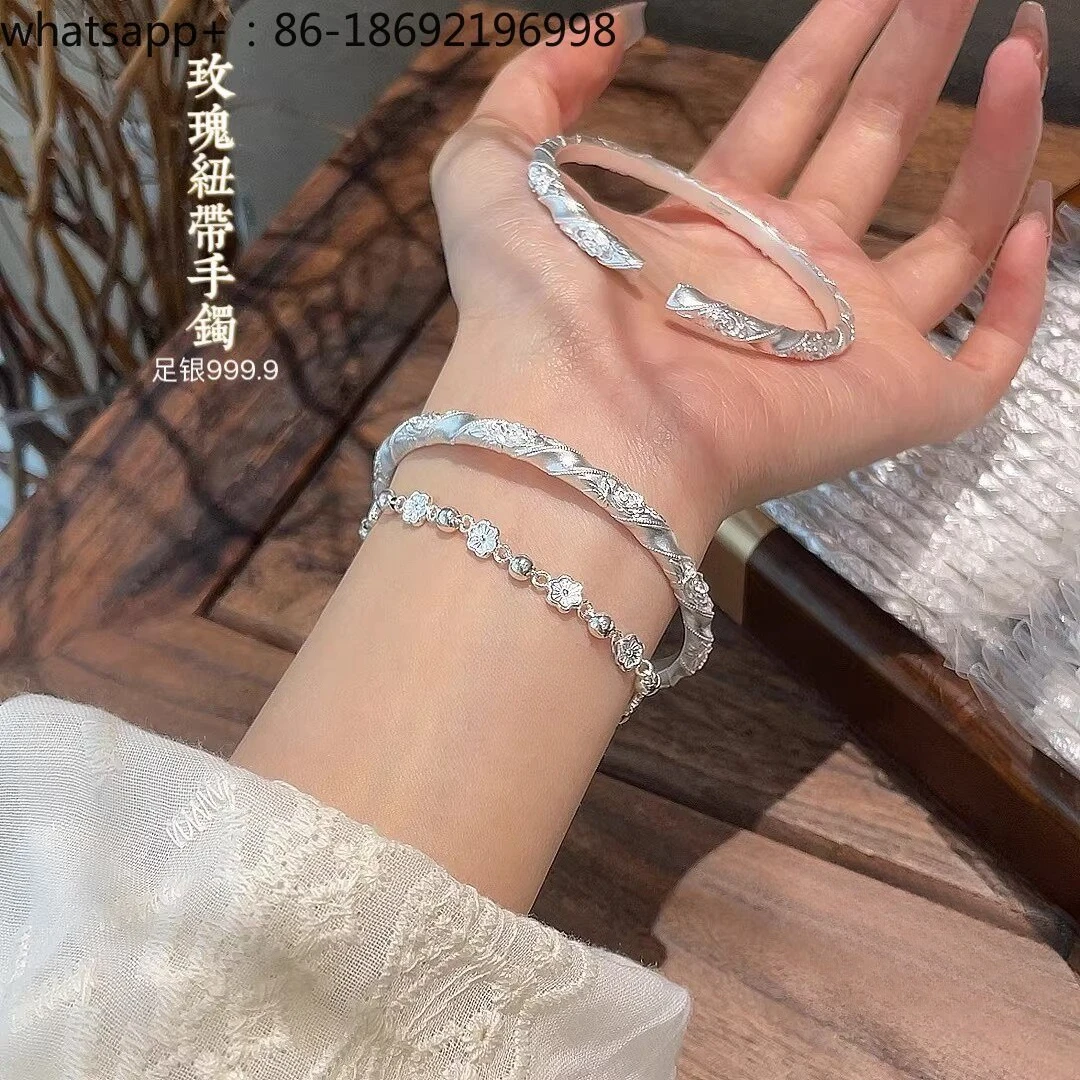 Pure Silver 9999 Peony Bond Bracelet Women's Sterling Silver New Chinese Style Light Luxury