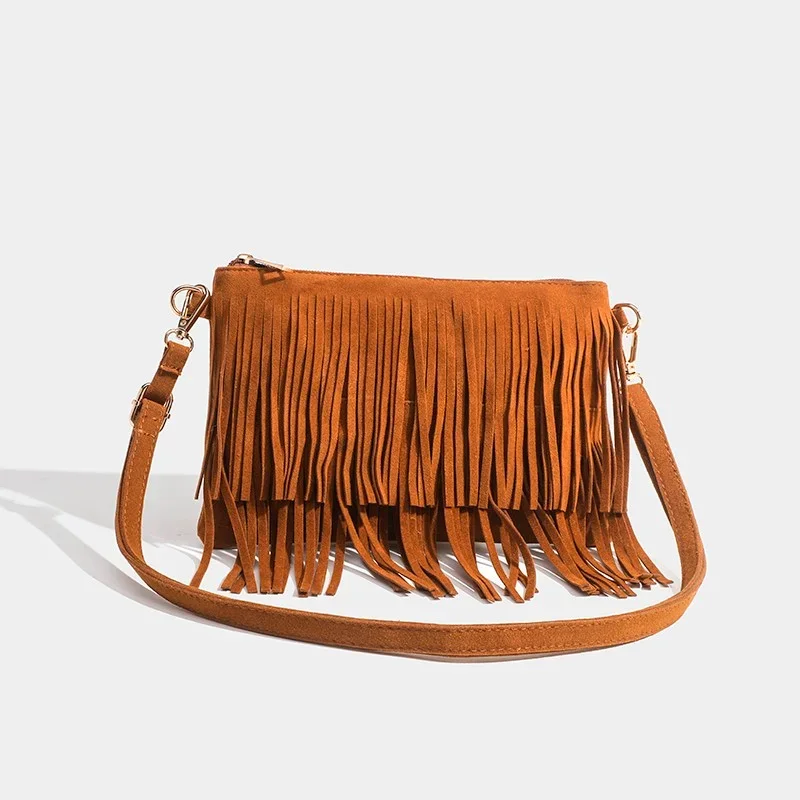 2024 New Women\'s Shoulder Bag Fashion Trend Zipper Shopping Large Capacity Solid Color Tassel Suede Women\'s Shoulder Bag