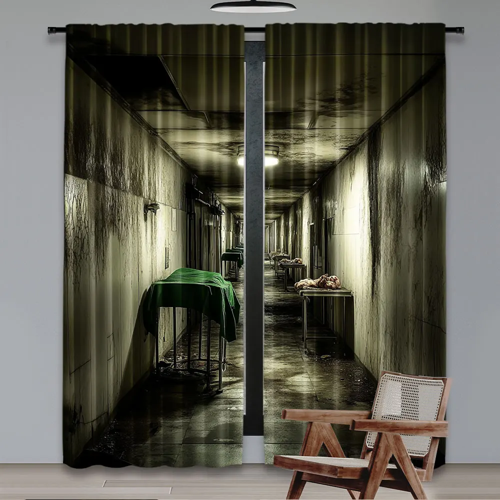 2Pcs Abandoned Hospital Curtain Gloomy Psychiatric Hospital Corridor Dark Room Horrible Halloween Party Decorations Window