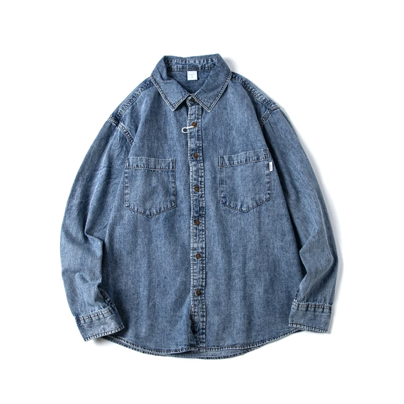 قميص دينيم كلاسيكي كلاسيكي ثقيل الوزن مغسول 100% قطن للرجال والنساء على الطراز الكوري سترة خفيفة فضفاضة
