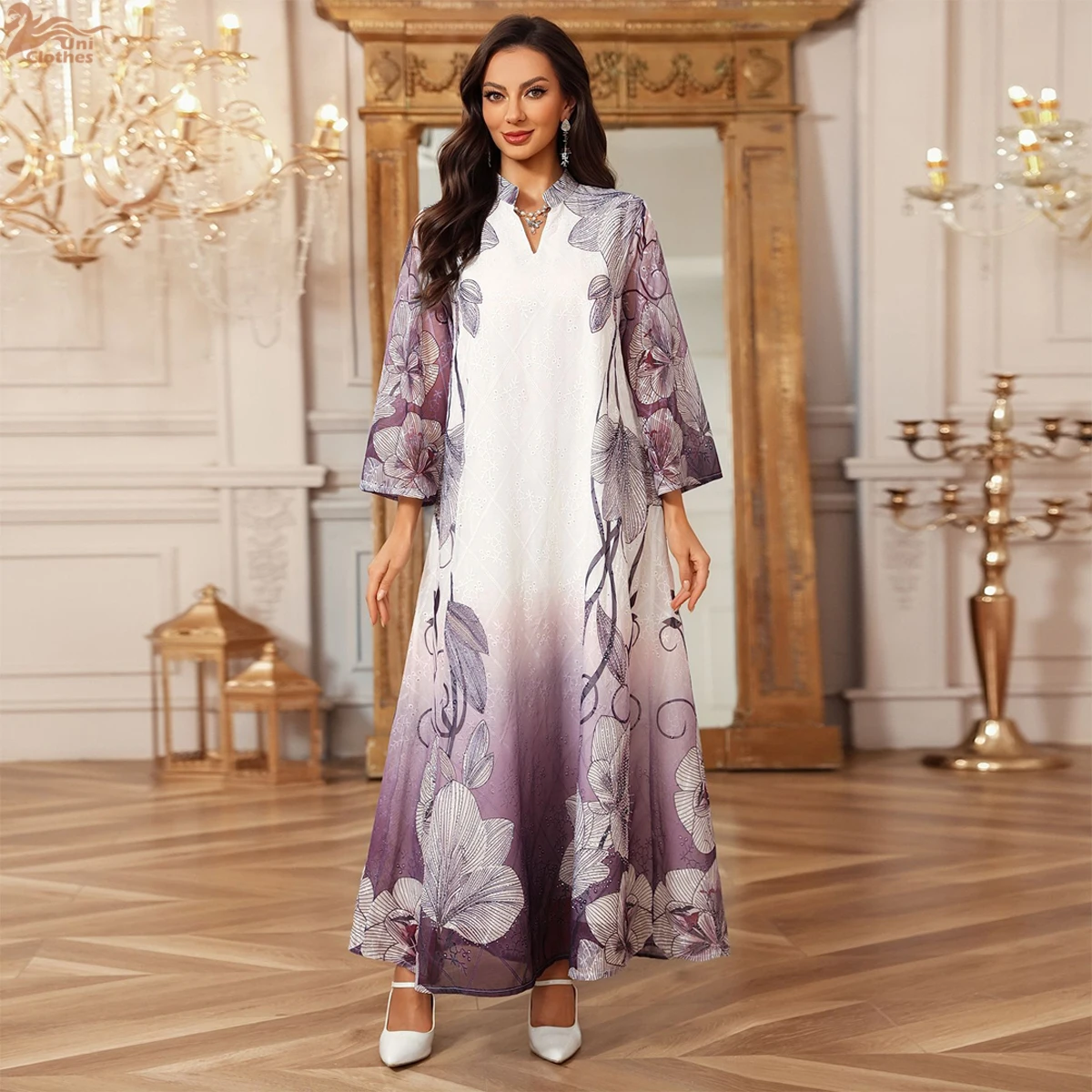 Uni oriente médio vestido muçulmano dubai feminino robe moda floral impresso bordado abaya feminino vestido muçulmano frisado maxi vestido