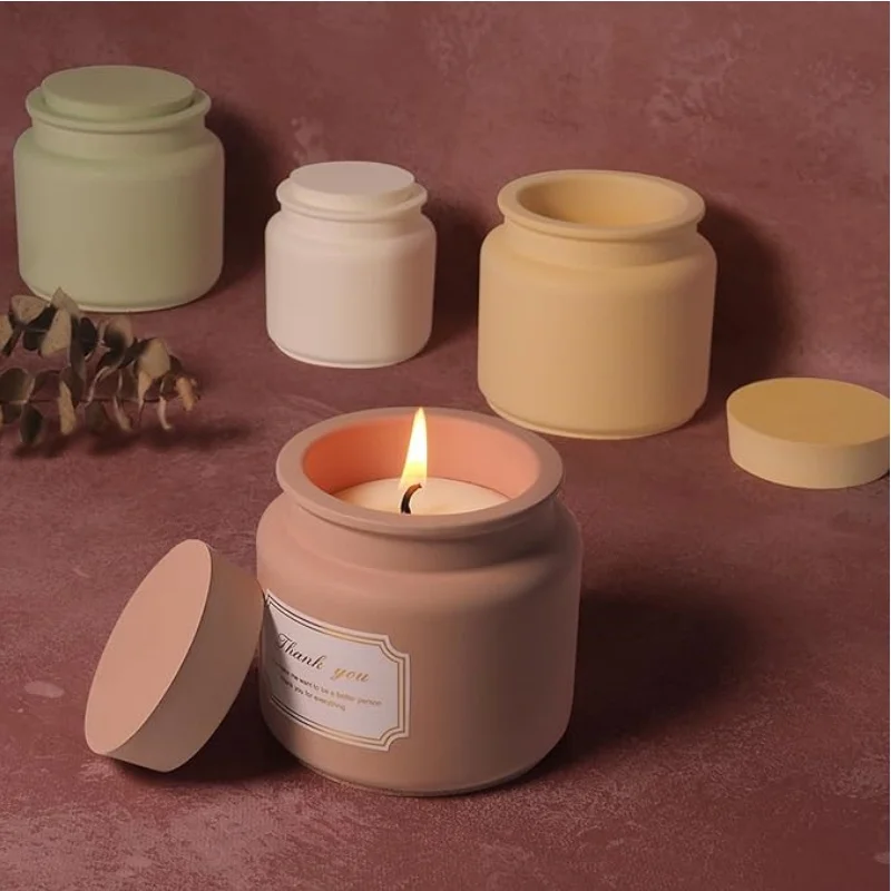 Candle Jar Molds, Silicone Concrete Molds for Candle Holder with Lids, Candle Cup Cement Molds for Candle Making Supplies