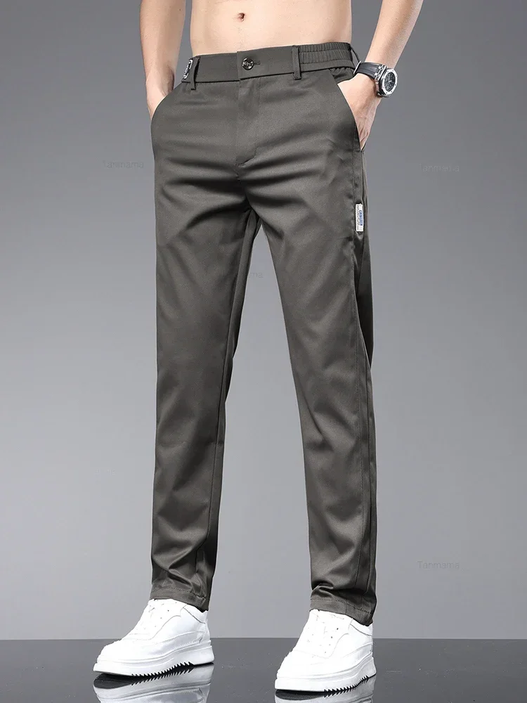 2024 Summer Ultra-thin Fashionable Casual Pants for Men Soft Elastic Slim Straight Solid Color Trousers for Men Black Beige Grey