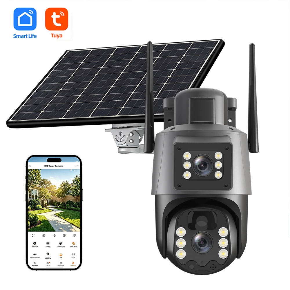 6MP Tuya 4G Solar Dual-Lens Camera SmartLife Outdoor Low‑Power Camera IP66 Weatherproof 10400mAh PIR Motion Detection