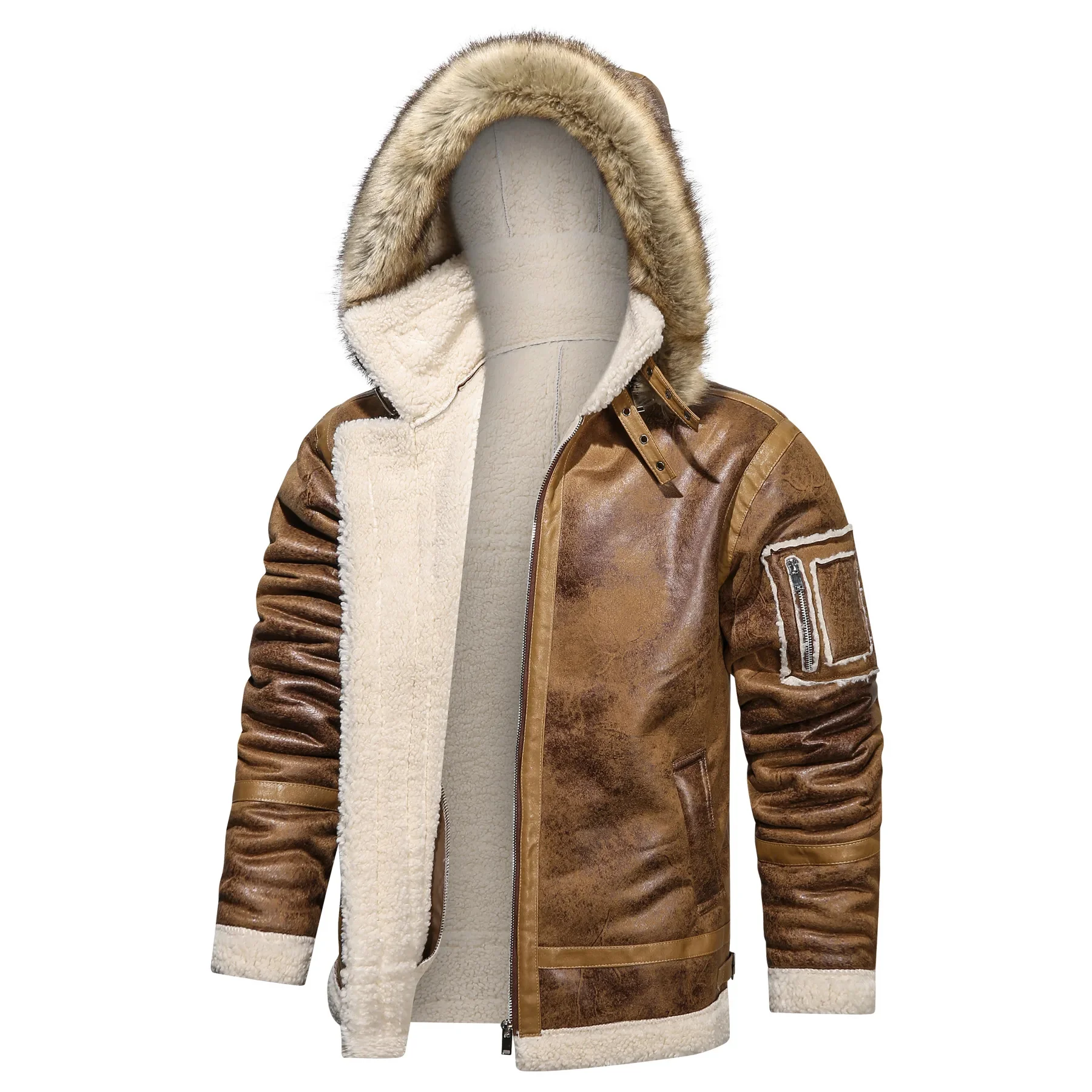 Winter Fashion Hooded Warmth Thickened Solid Zipper Design Bomber Coat Men's Streetwear New Leather Jacket