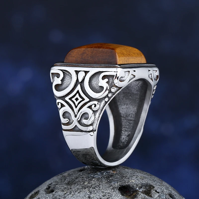 Middle East 2024 New Stainless Steel Tiger Eye Stone Ring With Pattern Anels For Man Women Fashion Couple Jewelry