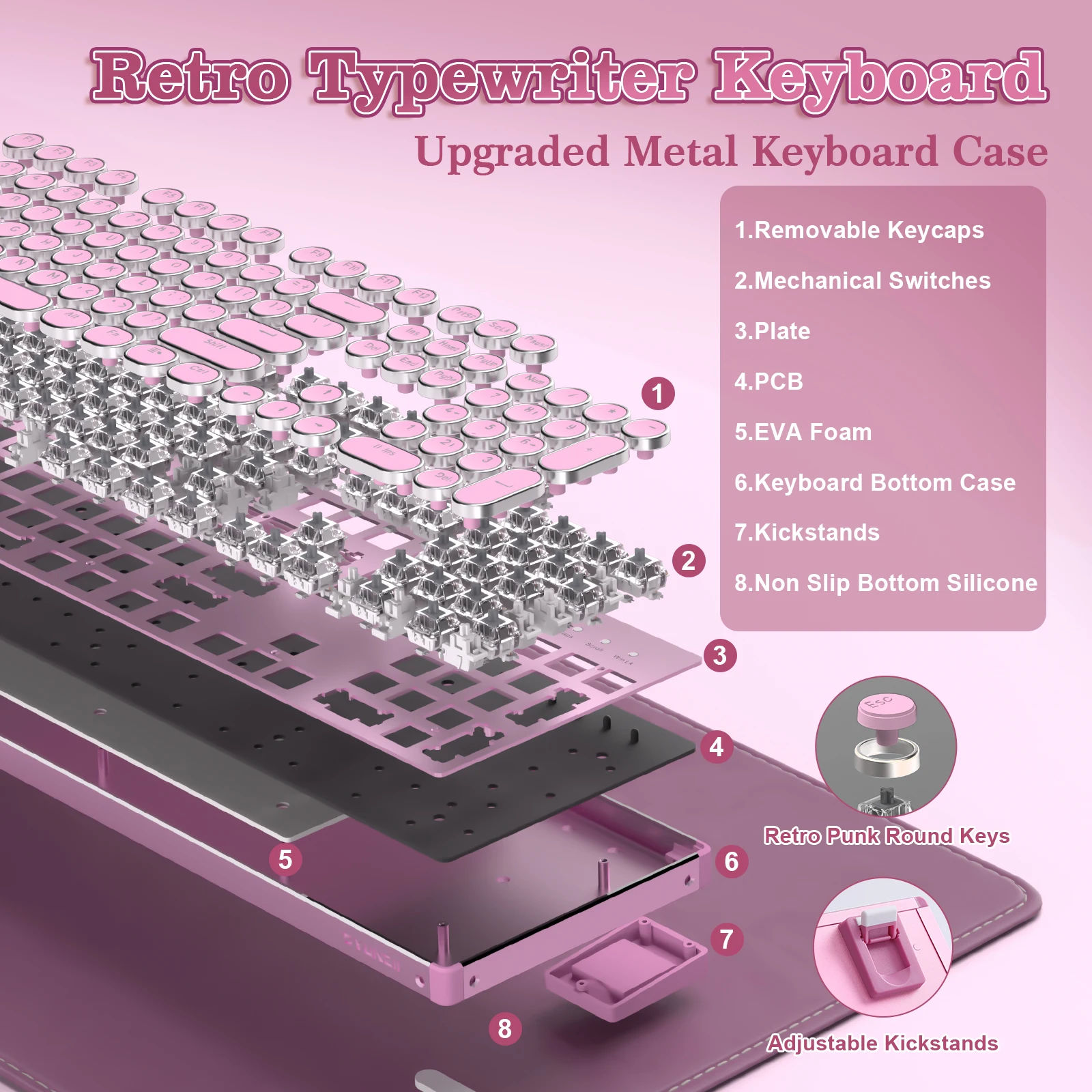 YUNZII QL108 Pink Wired Mechanical Gaming Keyboard, Typewriter Style Full Size Hot-Swap RGB Metal Keyboards, Retro Punk Stylish