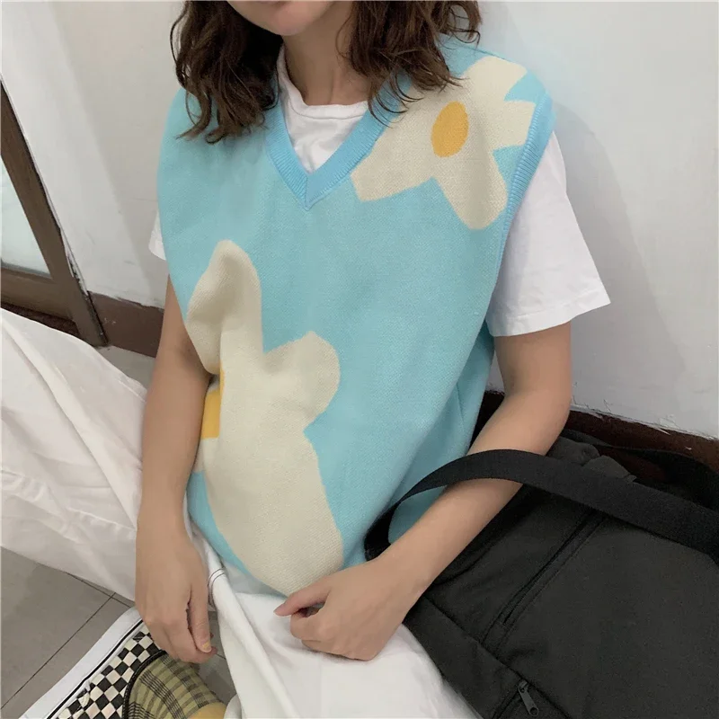 Kawaii Floral Vest Knitted Sweater for Girl 2023 Christmas Knitwear Chic Fashion Sleeveless Jumper Yellow Blue Pullover Women