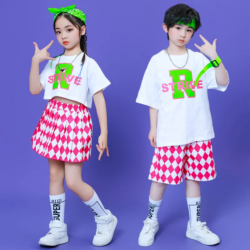 Children's Cheerleading Dance Performance Costumes Boys Sports Day Team Suit Girls Class White Printed Top Red Plaid Pants