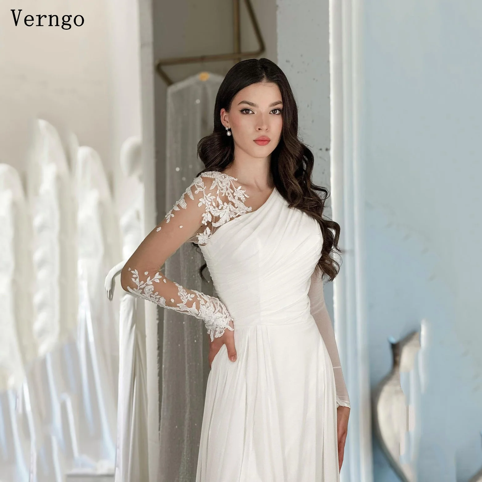 Verngo lvory Chiffon Appliques Wedding Dress O Neck Full Sleeves A Line Bridal Dresses Goddess Elegant Classy 2025 Bride Gowns