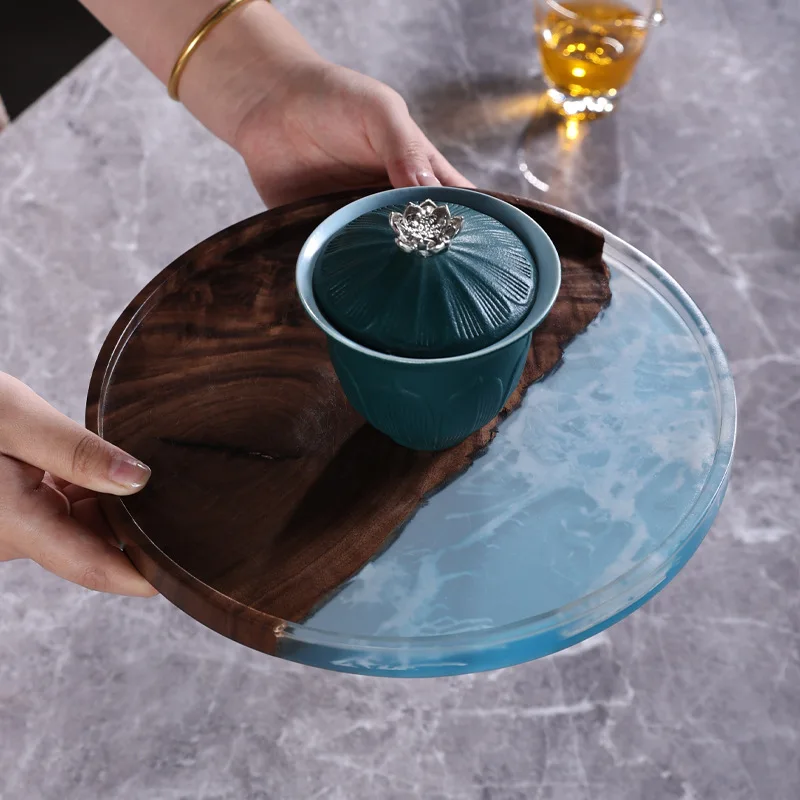 Nordic Walnut Resin Dry Pour Tea Tray Epoxy Solid Wood Creative Dried Fruit Disc round Table Chapan