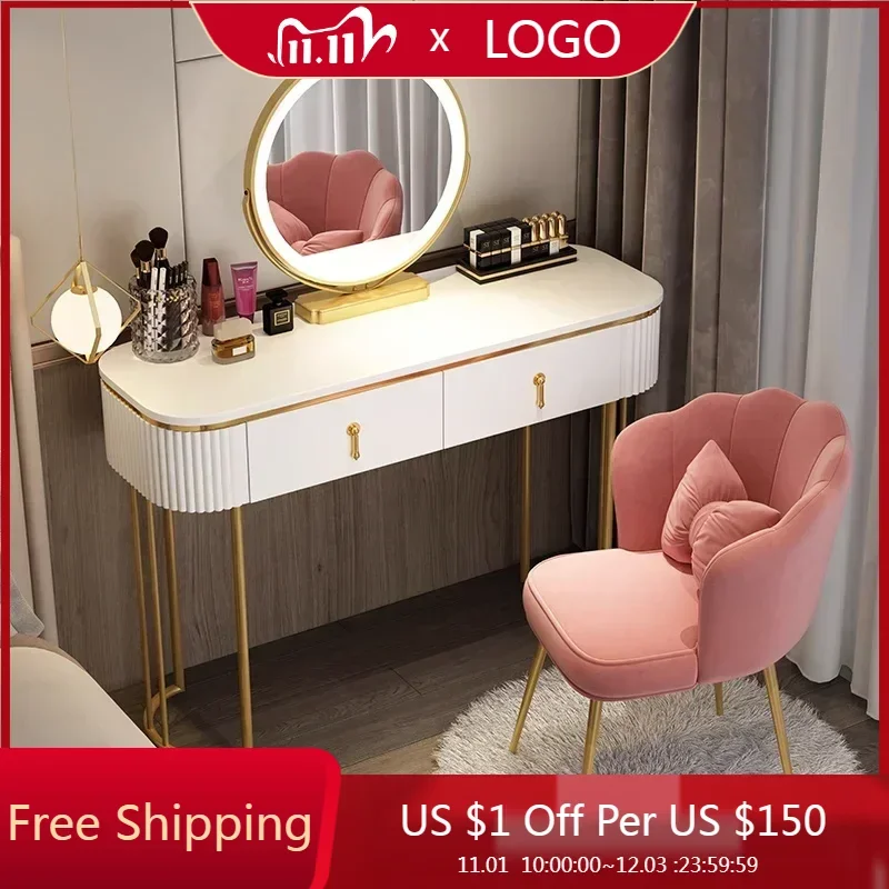 

Makeup Luxury Vanity Table Mirror Chair Storage LED Dressing Table Bedroom Drawer Tocador Maquillaje Minimalist Furniture