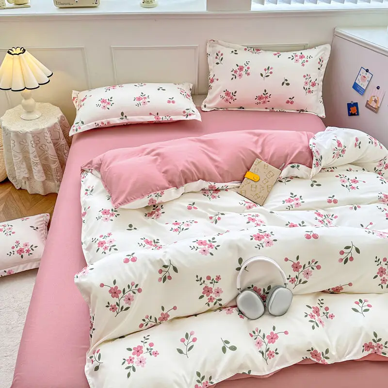 

Pink Floral Bedding Set Korean Ins Fashion Duvet Cover Flat Sheet Pillowcases Twin Queen Size Girls Boys Home BedSpread Set