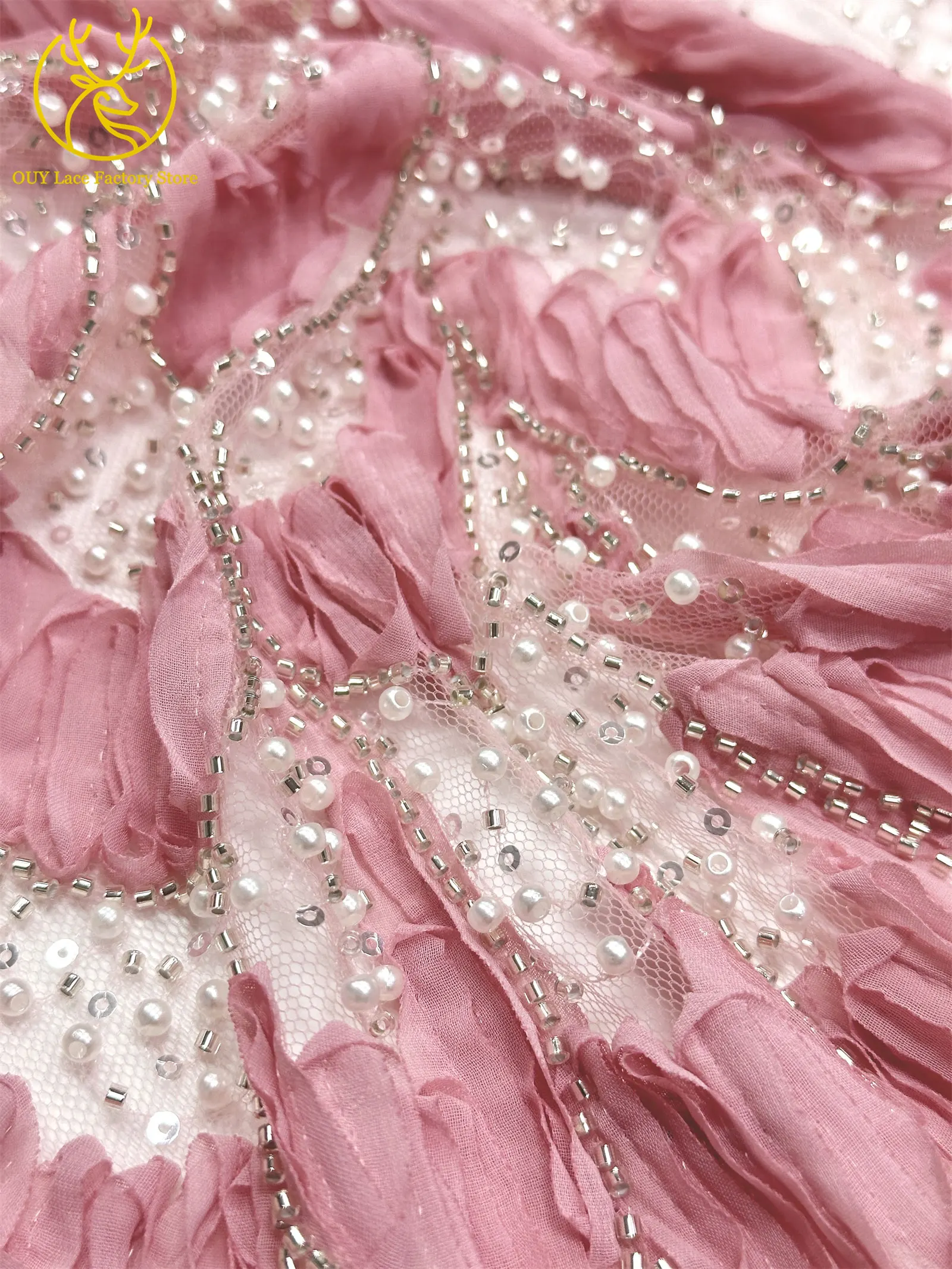 Rosa Modischer Französischer Pailletten-Tüllstoff 2026 Hochwertiger Afrikanischer Perlen-Spitzenstoff Nigerianischer Netzstoff für Hochzeiten – Detail 9