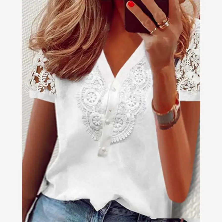 OL White V-ne Buttoned Lace Splice ort Sve irt Commute Sle Women's Top Polyester Fabric Straight Cut Regular Length