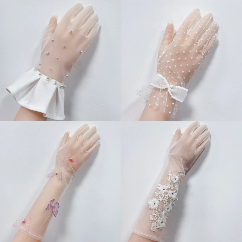 

White Bridal Wedding Dress Full Finger Mittens Lace Mesh Short Thin Transparent Gloves Exquisite Decor Accessories Gloves