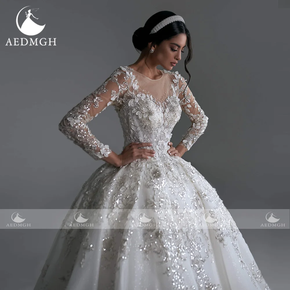 Aedmgh Luxury Princess Wedding Dresses 2024 O-Neck Long Sleeve Robe De Mariee Glitter Lace Beaded Ball Gown Vestido De Novia