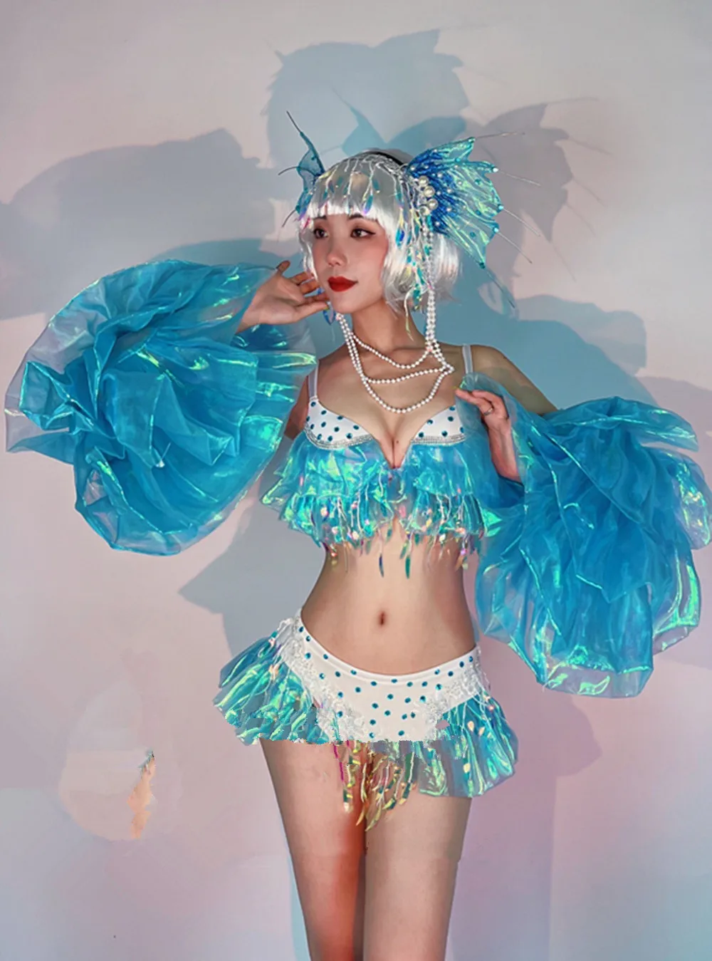 

Mermaid Stage Costume Drag Queen Outfit Sexy Gogo Dancer Clothing Carnival Nightclub Party Show Wear Sequin Tassel Bikini