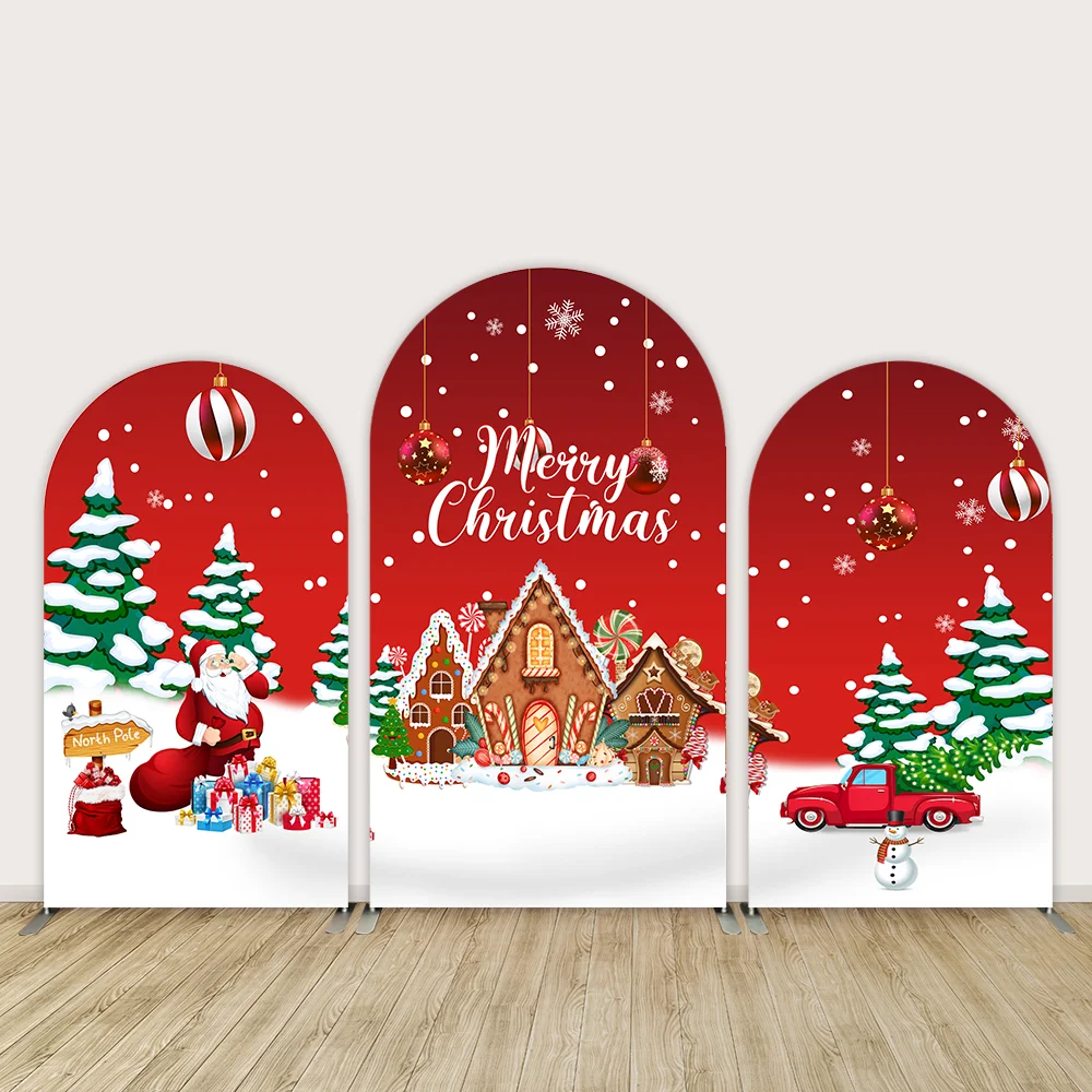 

Red Christmas Arch Backdrop Cover Winter Candy House Xmas Tree Snow Kids Adult Family Party Photo Background Photography