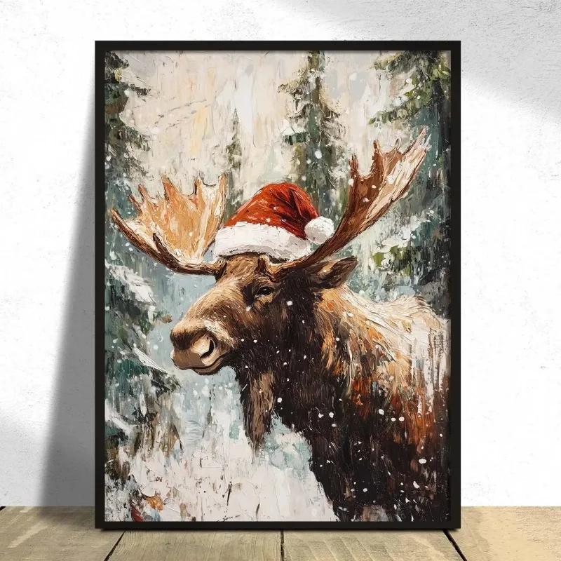 Christmas Moose with Santa Hat Canvas Wall Art Snowy Winter Forest Animal Print Holiday Farmhouse Unframed Canvas Poster