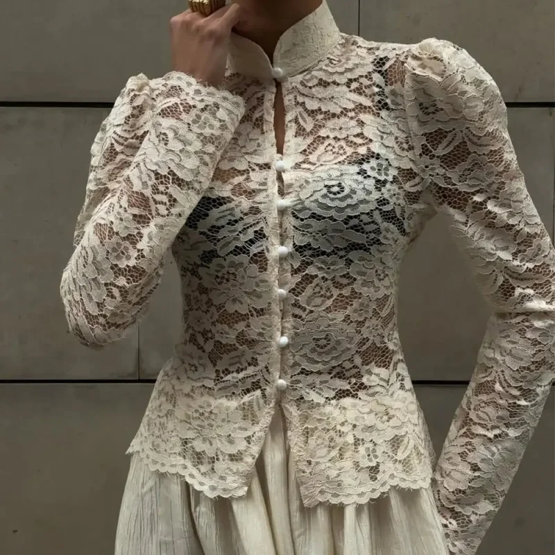 Elegant Lace See Through Chinese Shirt Women Sexy Full Sleeve Single Breasted Slim Cropped Blouse Lady Daily Street Shirts