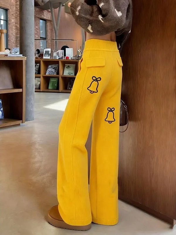 

Женские повседневные брюки-клеш с высокой талией, утягивающие, желтые, свободного кроя, с вышивкой, весенняя новинка