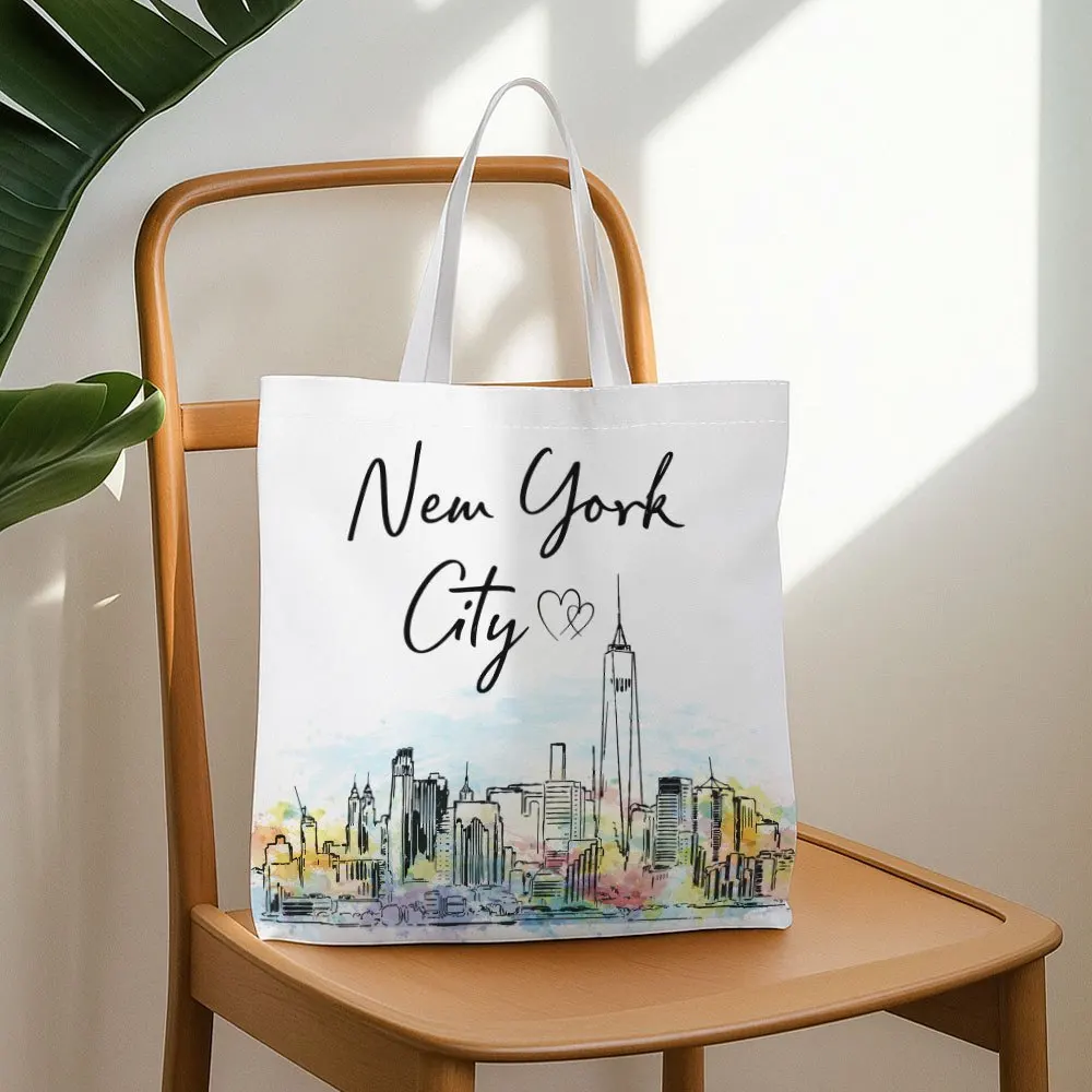 Contemporary Watercolor Tote Reusable Grocery Bag Featuring the New York City Skyline Versatile Great for Book Enthusiasts