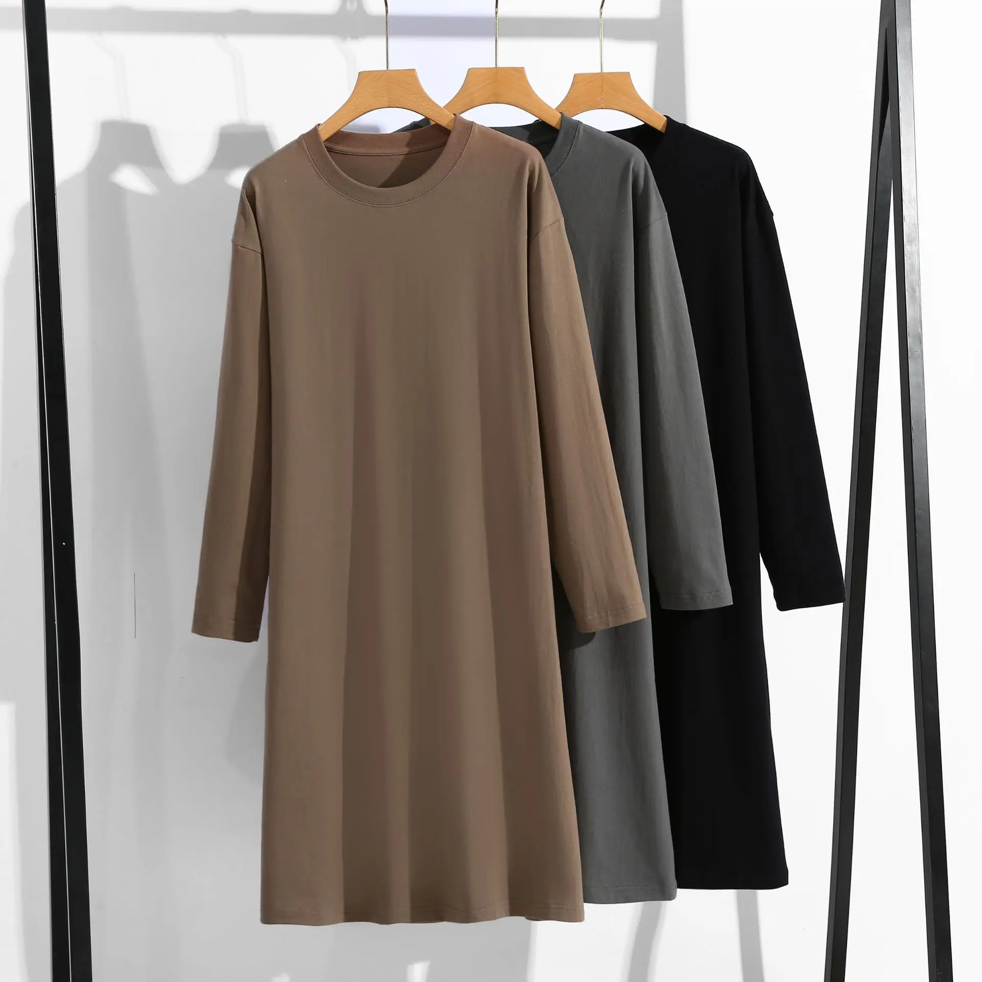 Pure Cotton 2023 New Solid Color Long-sleeved T-shirt Skirt Women's Medium and Long Loose Large Size Bottoming Shirt T-skirt