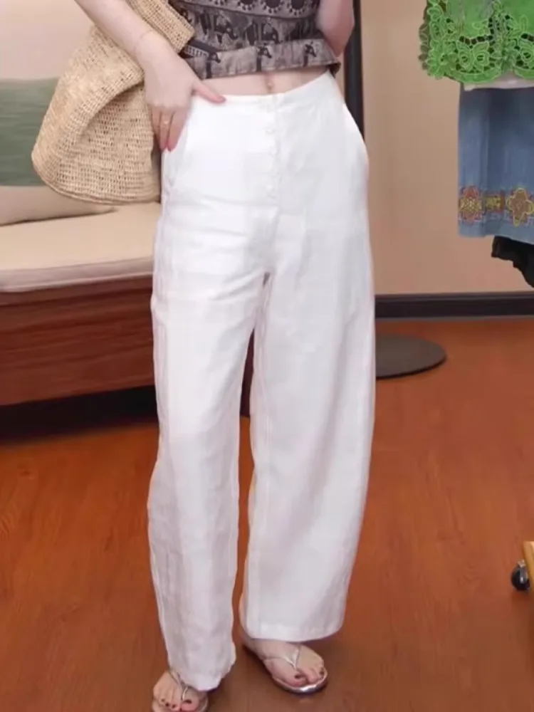 ハイウエストワイドレッグパンツ レディース 夏 プラスサイズ 綿麻 九分丈 フロア丈 カジュアルパンツ 通勤スタイル