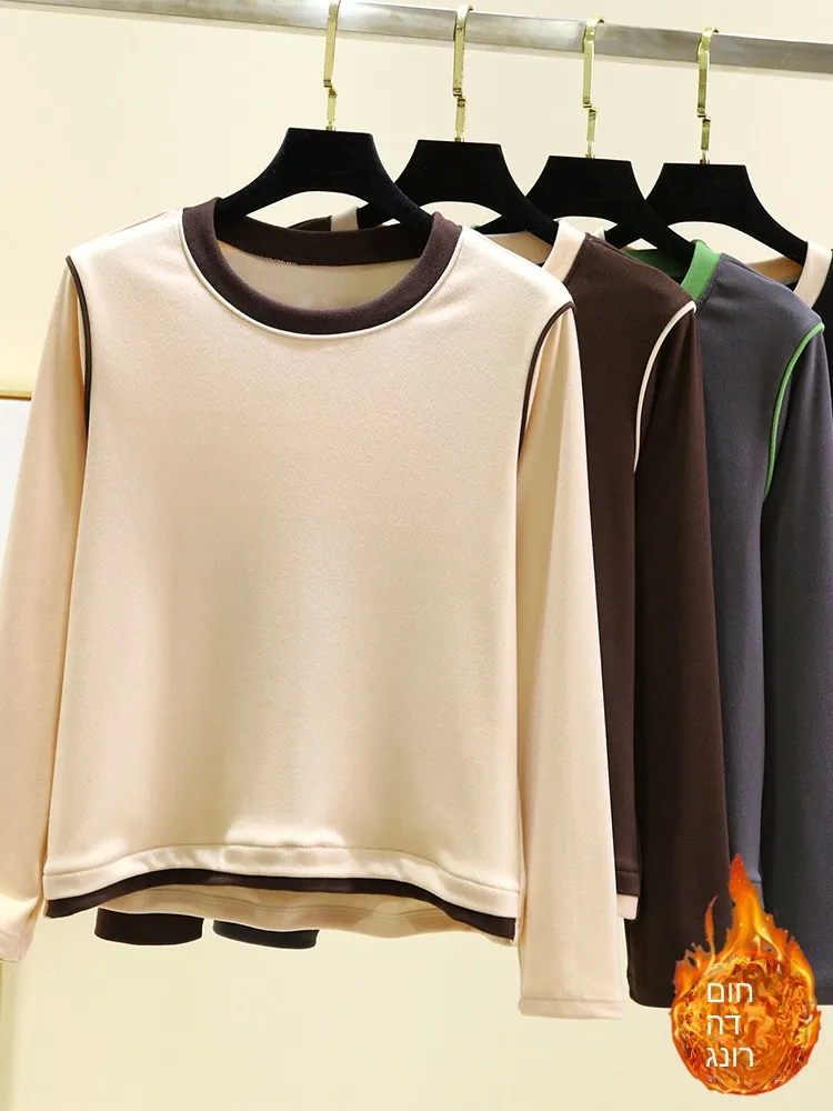 Thickened Long Sleeve round Neck Base Shirt Women's Winter Warm Self-heating Fleece Large Size Versatile Color Block T-shirt