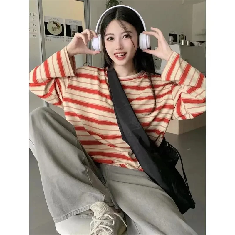 

2023 Early Autumn New Korean Commuter Loose Striped Long Sleeve T-shirt Women's Ins Popular Student Versatile Thin Top Clothes