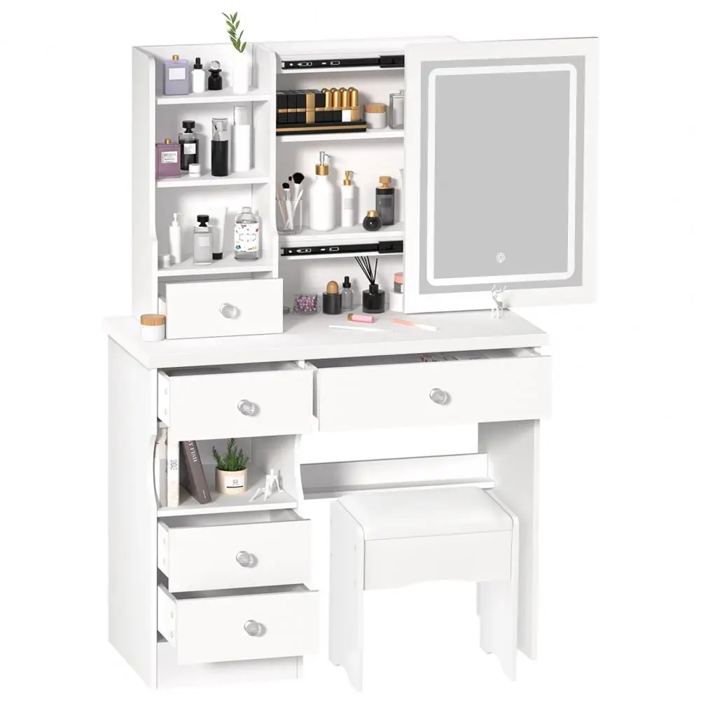 Bedroom Dressing Table Makeup Desk with Stool 5 Drawers Vanity Desk with LED Lighted Mirror Open Shelves Hidden Storage Space