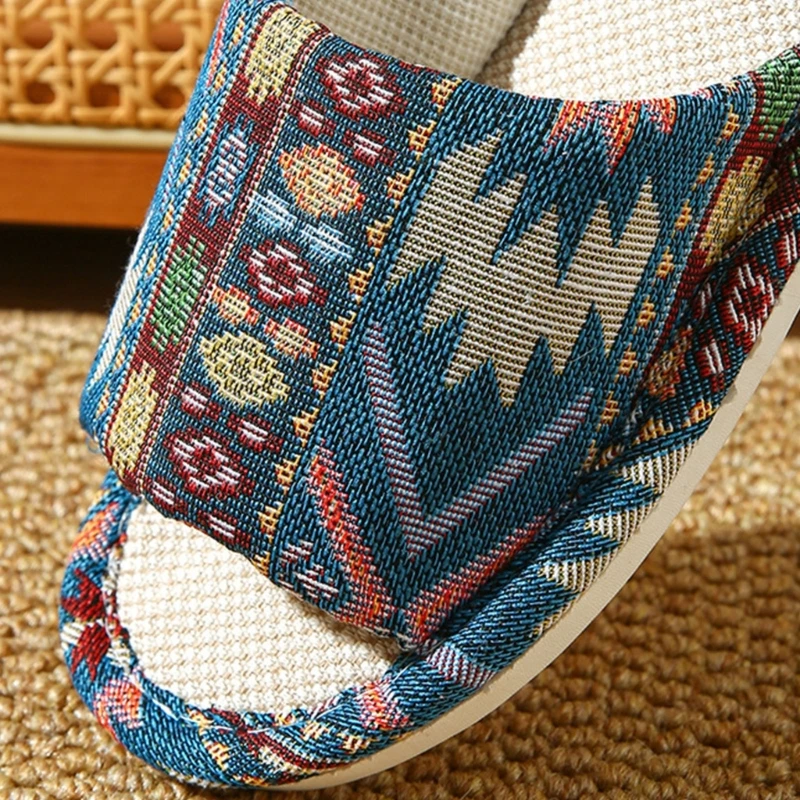 Breathable Cotton Linen House Shoe For Women And Men Quiet Nonslip Indoor Footwear Ethnic Colorful Slippers Open Toe