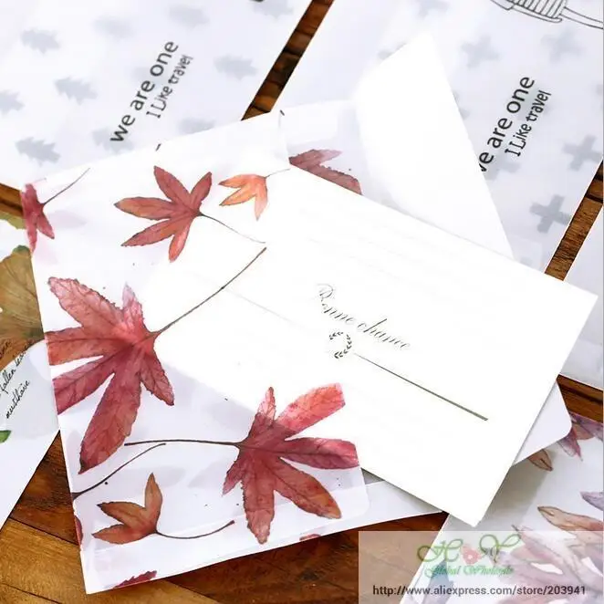 10pcs/lot 16*11cm sulfuric acid paper envelope leaves pattern transparent window envelope for greeting cards cover