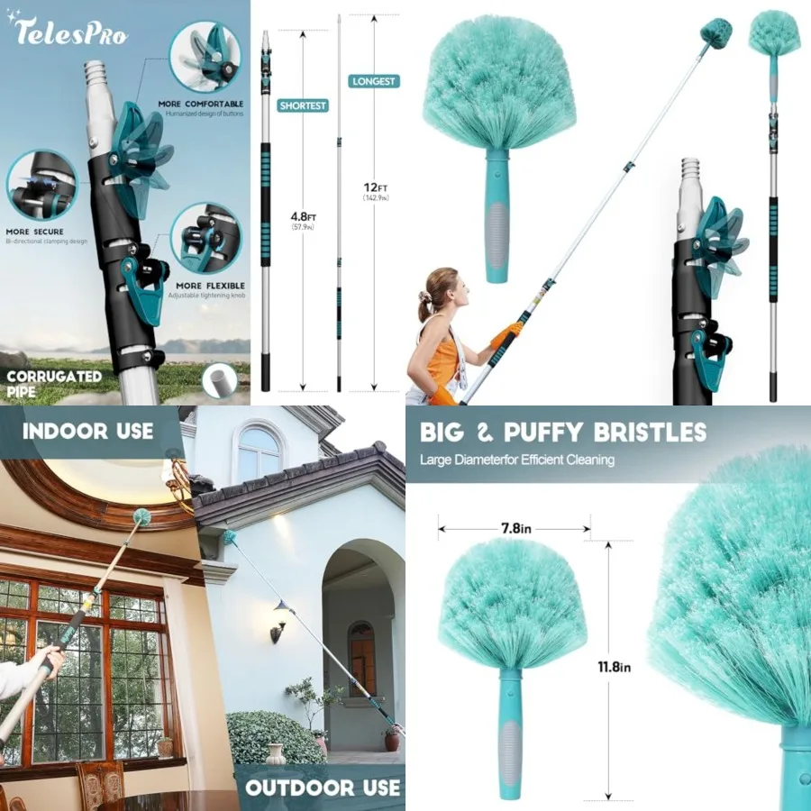 

20 Feet High Reach Cobweb Duster with 5- Extension, Webster Cobweb Duster with 3-Stage Telescopic Aluminum Pole, Spider Web Bru