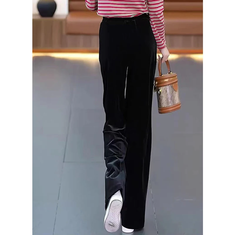 Korean Fashion Women Pleuche Pants Autumn Winter Elastic High Waist Solid Pockets Loose Office Lady Straight Wide Leg Trousers