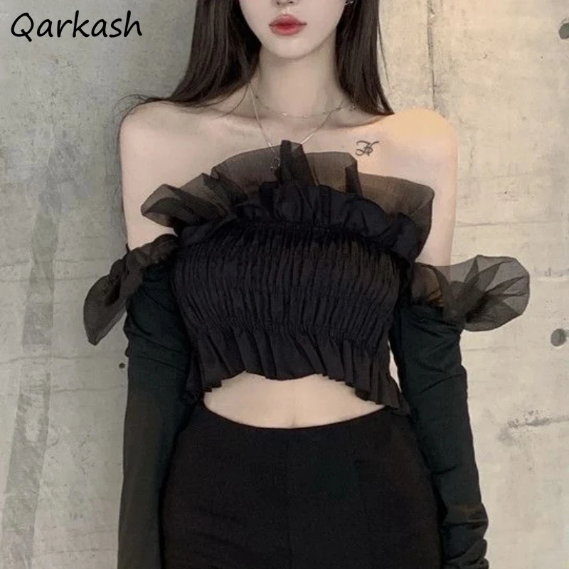 Slash Neck Blouses Women Clothing Sexy Backless Vintage Crop Tops Streetwear Ruffles Summer Temper Casual Aesthetic Lady Daily