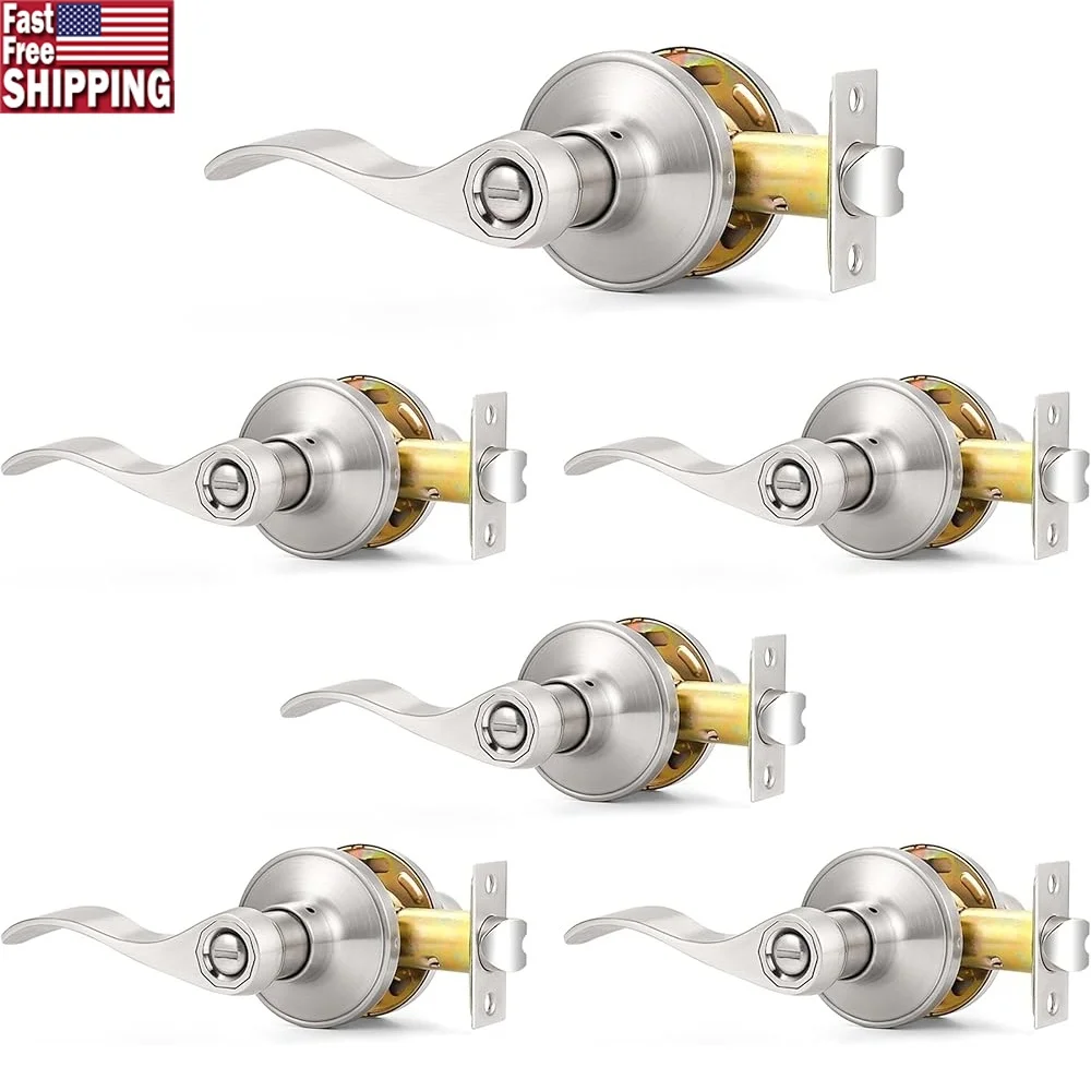 

Keyless Privacy Door Handle Set 6 Pack Satin Nickel Interior Levers Wave Design Durable Lockset Bathroom Bedroom