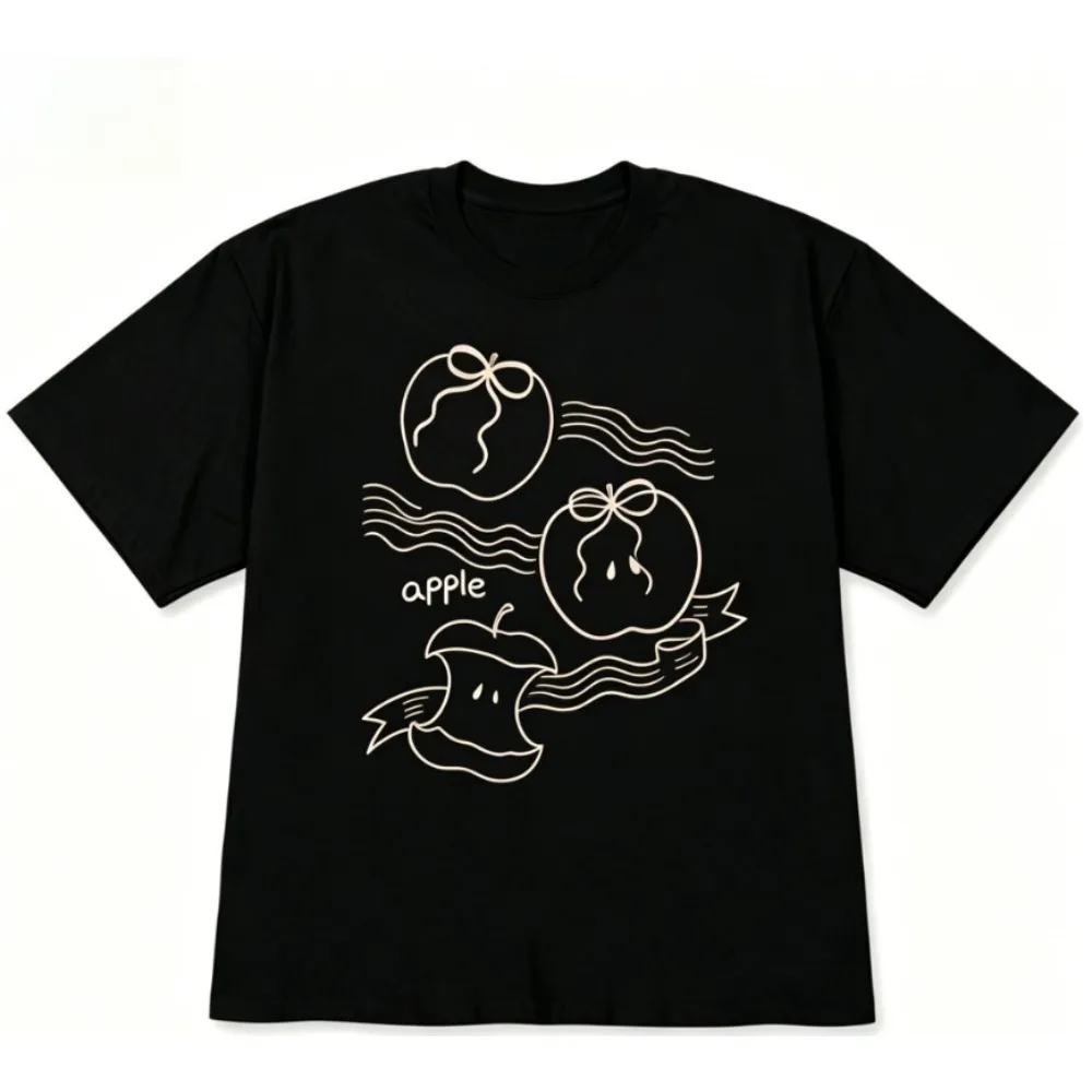 Y2k Fun Short Sleeve Women's Clothing Cute Apple Print Crew Neck Tee Kawaii Graphic Casual Top Korean Aesthetic Sweet Streetwear