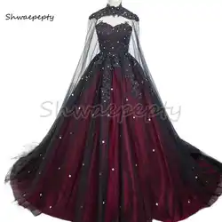 Gothic Wedding Dress Black And Burgundy A Line Wedding Gown With Long Wrap Lace Appliques Beaded vintage Vestido Customized