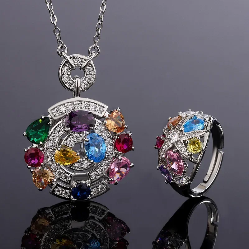 

Luxurious Colorful High Carbon Diamond Water Droplet Round Pendant Necklace Adjustable Ring Women's Jewelry Wedding Anniversary